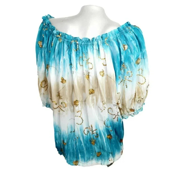 Nygard Off Shoulder  Blouse Sz 16 Blue White Gold Peasant Glamour - Picture 2 of 6